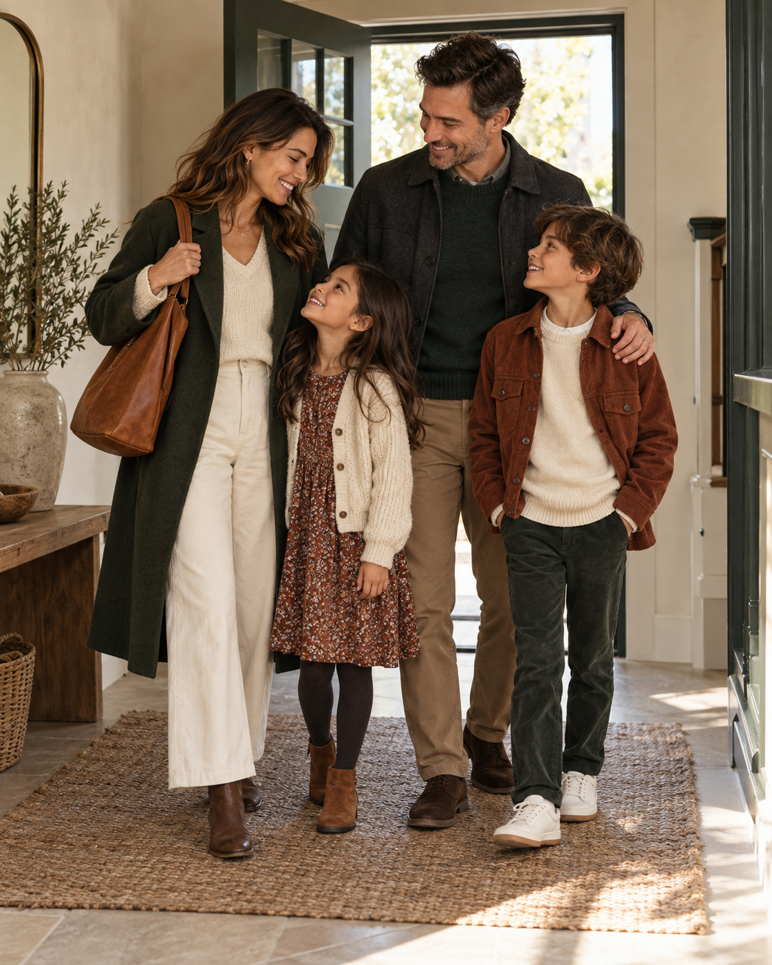 A stylish family getting ready to leave home together